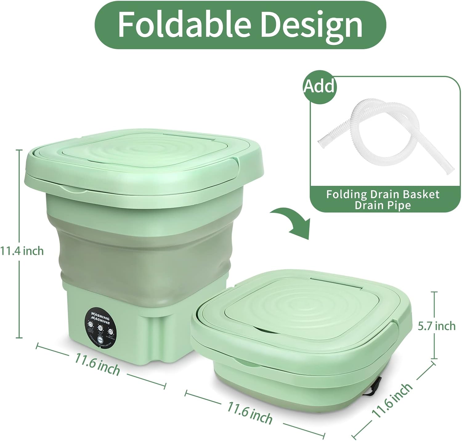 Portable Washing Machine,8L Mini Folding Bucket Washer with Drainage Pipe & 4 Clothes Clips for Socks Underwear Baby Clothes,Suitable for Apartment Camping RV Travel laundry (110V-240V) (Green)
